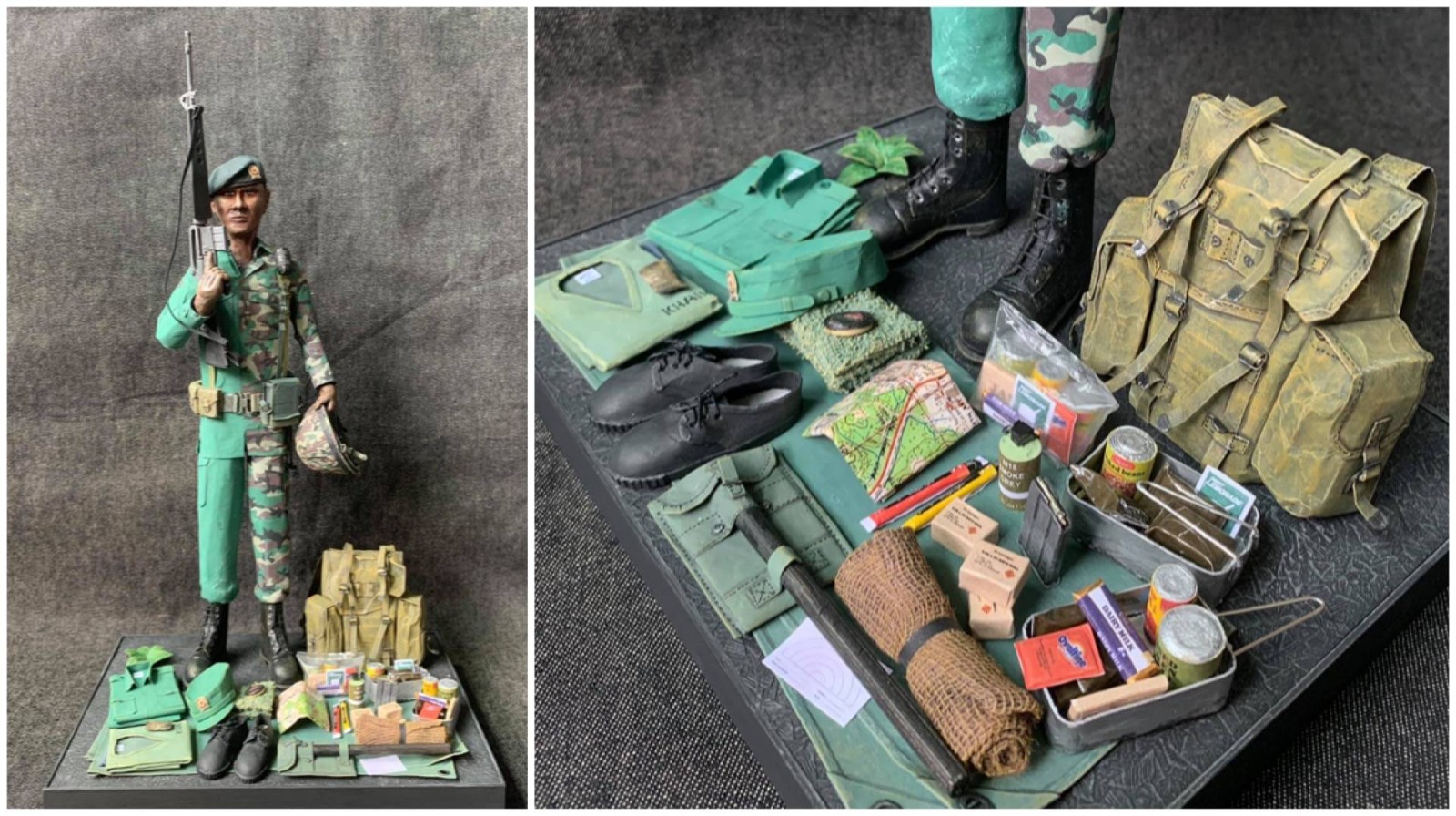 Titled "Transition", this miniature model by Wilfred Cheah features a clear difference between two moments in time within the Singapore Army - complete with field pack items!