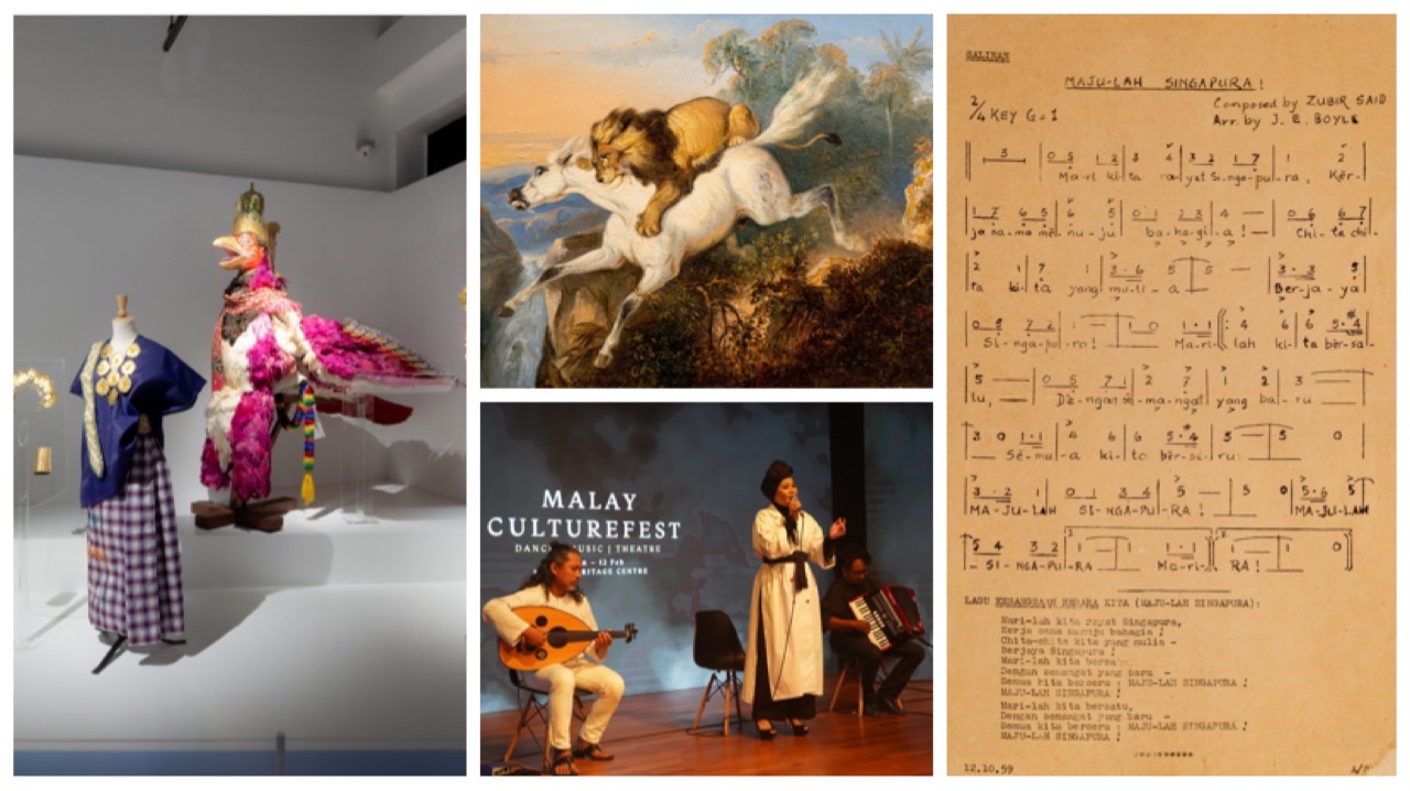 Highlights from the "Cerita" exhibition include (clockwise from left) a Garuda dance costume, 19th century Javanese painting, the original score of "Majulah Singapura" and live musical performances as part of Malay CultureFest.