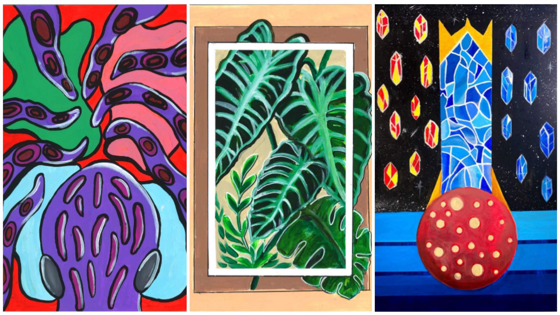 Artworks by (from left) Chew Ling Xi Janevi, Aiman Syafiq, and Muhammad Rifky Shauqi Bin Md Ricky Famie from the Rainbow Centre Artability Programme.