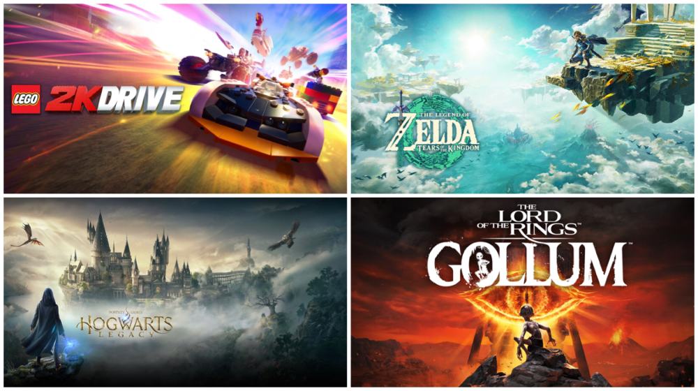 (Clockwise from left): Scenes from "Lego 2K Drive", "The Legend of Zelda: Tears of the Kingdom", "The Lord of the Rings: Gollum", and "Hogwarts Legacy".