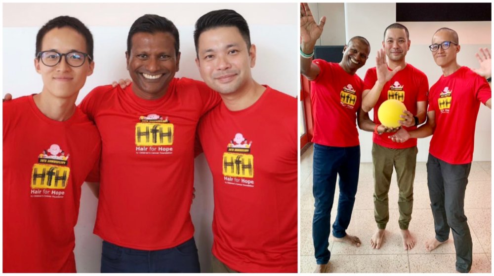 (From left) Cancer survivor Clement Choo, Jetstar Asia CEO Barathan Pasupathi and long-time HfH supporter Norman Tan had their heads shaved at the Hair for Hope 2023 kick-off event on 30 April.